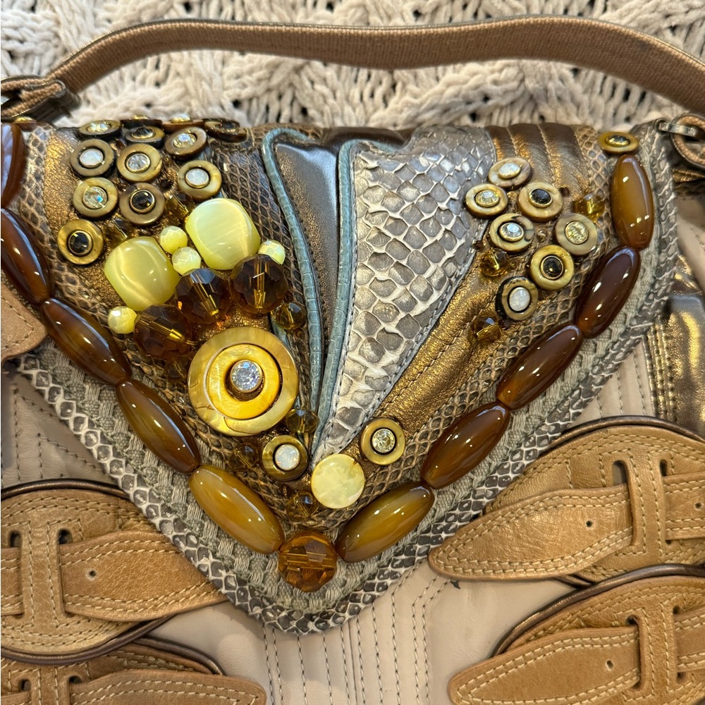 Bracher Emden Buckle Purse Tan Beige Snakeskin Leather Embellished New - Picture 3 of 11